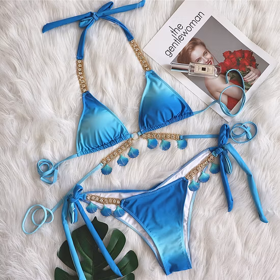 Sexy Bikini Set Gradient Color Scrunch Butt Swimwear Women Diamond Bikini